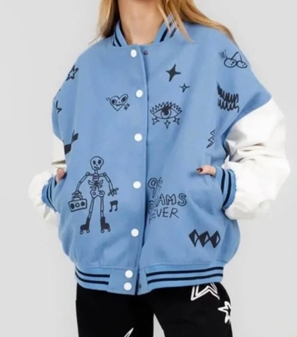 The Mayfair Group x IScreamColourt Varsity Jacket O/S Blue Bye For Now Graphic